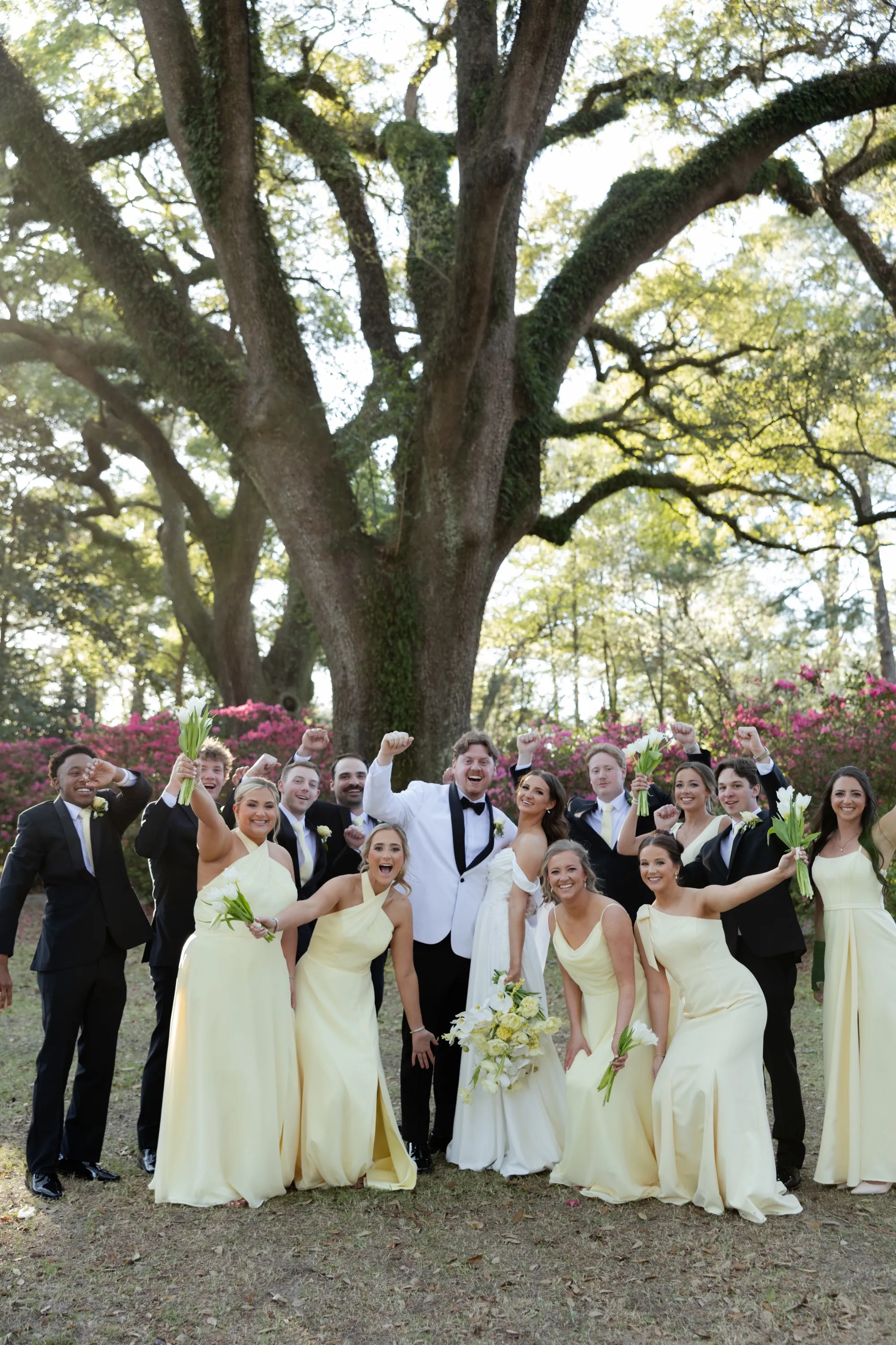 The whole wedding party celebrating under the big oak