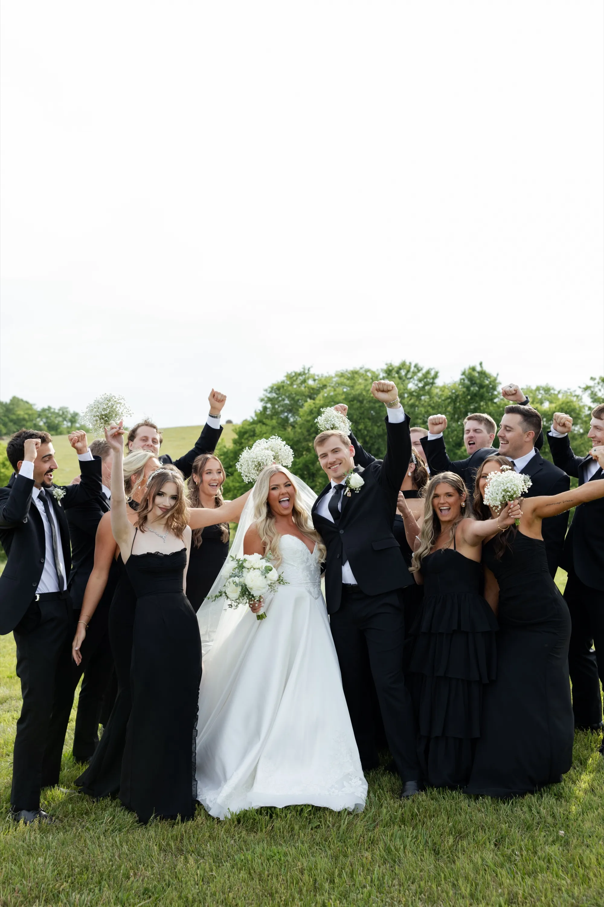 The wedding party celebrating on the hill, every fist in the air